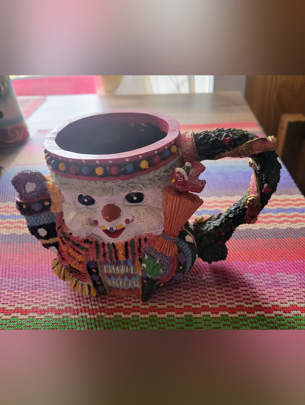 Vintage- Colorful Snowman Mug- Decorative Figurine - White, Yellow and Red.